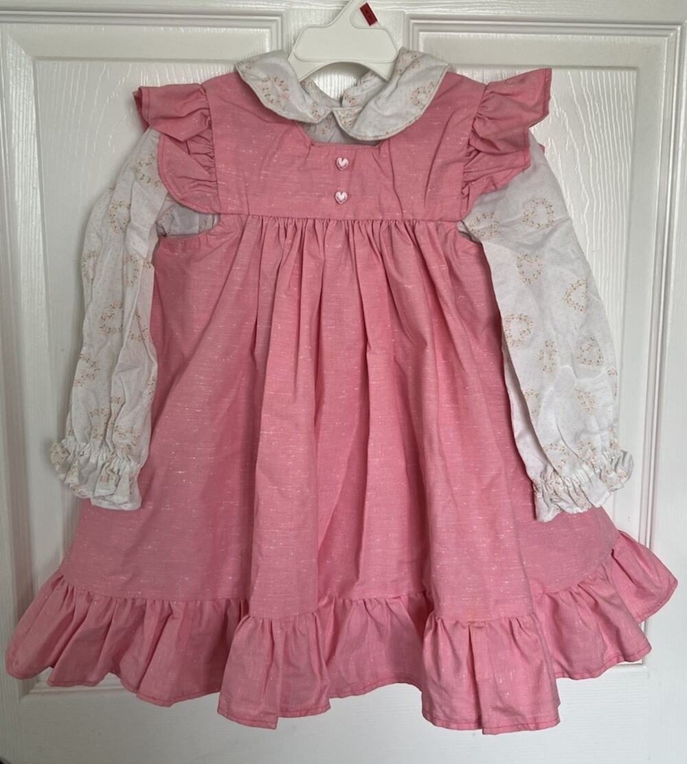 Vintage 70s Pink Prairie Pinafore Dress Handmade Heart Buttons Coquette 2T 3T
